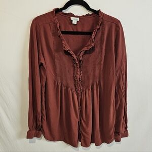 Sundance Button Front Top Ruffle Pleated Top Medium Rust